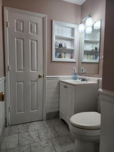 a bathroom with a toilet and a sink and a mirror at Tranquilidad y todo cerca in Matthews