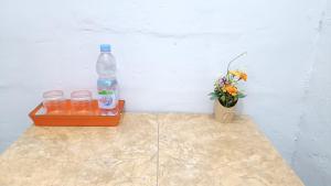 a bottle of water and a tray of glasses and a potted plant at Omah Sewu Sakura By Reccoma in Surabaya