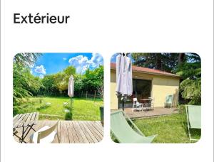 two pictures of a yard with an umbrella and a patio at Maison avec jardin in Vendat