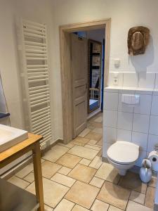 a bathroom with a toilet and a sink at Landhaus 3 Stettinerhaff in Dargen +37 photos