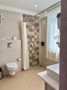 a bathroom with a toilet and a shower and a sink at Kankariya Heritage in Jodhpur +62 photos