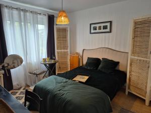 a bedroom with a bed with a green comforter at La Lilloise Villeneuve D'Ascq GD STADE Mauroy in Villeneuve d'Ascq +65 photos