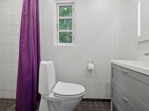 a bathroom with a white toilet and a purple shower curtain at Holiday Home Andri - 1-5km from the sea by Interhome in Rønne +16 photos