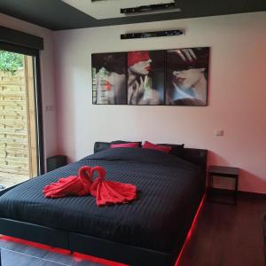 a bedroom with a black bed with a red bow on it at Au Prélasse SPA PRIVATIF in Annequin
