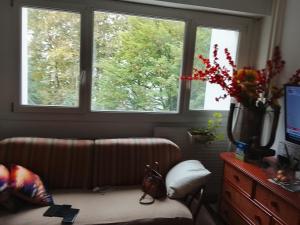 Una sala de estar con un sofá y dos ventanas. en 5 minute Eiffel tour and Louvre meysm ,aewsome appartement 2 bed , center ,gorgeous place, en Levallois-Perret