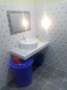 a bathroom with a sink and a mirror and a trash can at Homestay Srey Mom in Kampot +10 photos