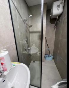 a bathroom with a shower and a sink and a toilet at Aldrich axelle pollux in Bagam