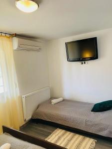 a bedroom with a bed and a flat screen tv on the wall at Jázmin Apartmanok Mórahalom in Mórahalom +7 photos