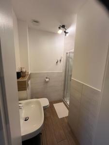 a white bathroom with a toilet and a shower at Appartements Bergliebe in Bichlbach