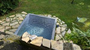 a pool of water in a yard with rocks at Burg Schöna - Suiten und Zimmer in Reinhardtsdorf