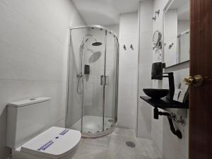 a bathroom with a shower with a toilet and a sink at Zaida Boutique Hotel in Seville
