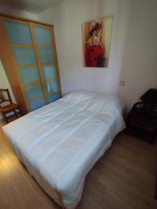 a white bed in a bedroom with a painting on the wall at Les Chrysalis - Nature, Lac, Montagnes & Ski 10'min in Les Villards-sur-Thônes