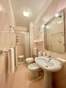 a bathroom with a sink and a toilet and a shower at Albergo Casa Sperti in Spert