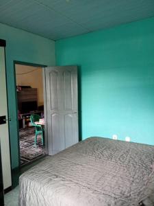 Un dormitorio con una cama y una pared azul. en Casa cop 30, en Ananindeua