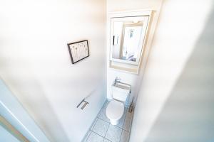 a bathroom with a toilet and a mirror at Cozy 1-Bedroom in Central Oullins Steps from the Metro in Oullins