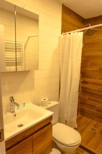 a bathroom with a white toilet and a sink at Mestia Roots in Mestia +105 photos
