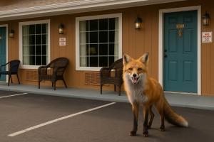 a brown dog standing in front of a building at Fox Mountain Inn in Max Meadows