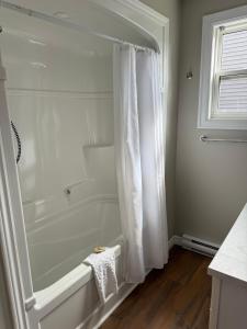 a bathroom with a bath tub with a shower curtain at Vinnecomb Apartments - Ground Floor - 3 Bedroom in St. John's +10 photos