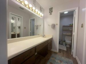 a bathroom with a sink and a large mirror at Relaxing 3BR Home in Quiet Neighborhood near SGMC & I-75 in Valdosta +48 photos