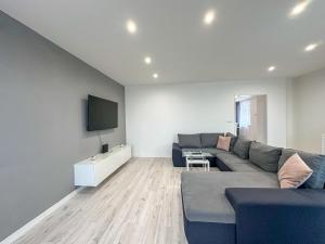 a living room with a couch and a tv at Simcity 3 I Skyline Elegance I 3BR, private parking, sunny terrace with panoramic city view 5min walk to city square in Banská Bystrica +9 photos