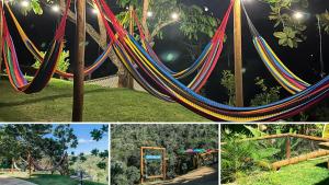 a collage of pictures of a playground with swings at Sítio Balango: Seu refúgio em Domingos Martins. Chalés para casais e casa para grupo de pessoas in Domingos Martins