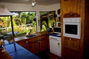 a kitchen with a sink and a stove top oven at Kahukura in Kuaotunu