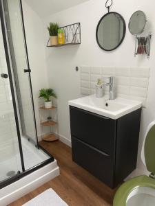 a bathroom with a sink and a shower at Le Manoir des Doyens Loft - Sleeps 8 - D-Day Museum on-site - Ten Minute Walk to Commonwealth Cemetery! in Bayeux +16 photos
