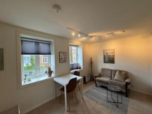 a living room with a couch and a table and a window at Cosy 2-rooms apartment in the city center in Tromsø