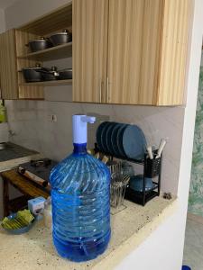 eine blaue Flasche auf einer Theke in einer Küche in der Unterkunft Bnb in Thuthuriki