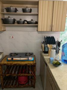 eine Küche mit einem Herd und einigen Töpfen und Pfannen in der Unterkunft Bnb in Thuthuriki