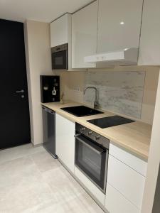 a kitchen with white cabinets and a sink at Garden secret in Strasbourg