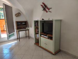 Una sala de estar con un mueble verde con un televisor. en Au pied des stations, en Sainte-Marie-de-Cuines