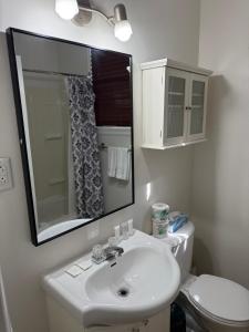 a bathroom with a sink and a mirror and a toilet at Westmount Manor Unit 2 - 2 Bedroom Apartment in St. John's