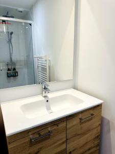 a bathroom sink with a large mirror above it at Le Bastion - Fougères in Fougères +4 photos