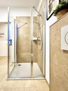a shower with a glass door in a bathroom at COZEE - Spacious Apartment With Netflix in Kaiserslautern