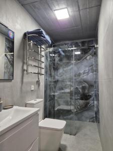 a bathroom with a toilet and a glass shower at Exclusive Apartments "Lviv Vernygory 14", Modern Apartments with Self Check-in in Lviv