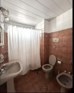 a bathroom with a sink and a toilet and a shower at DEPARTAMENTO pleno centro MAR DEL PLATA in Mar del Plata