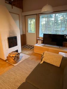 a living room with a fireplace and a couch at Ojuspirtti 26A Levi in Levi
