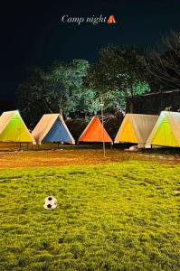 a soccer ball on the grass in front of tents at Mid Night Camping- Pawna Lake in Kolvan