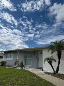 a house with a palm tree in front of it at Lake Front Entire Home FL Getaway in Deltona