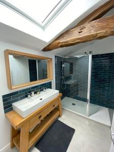 a bathroom with a sink and a shower at Grande maison familiale avec piscine, 14 à 17 pers in Luçon