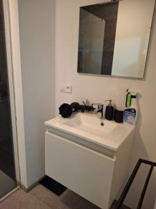 a bathroom with a white sink and a mirror at My HOME in Arlon +10 photos