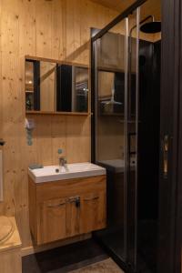 a bathroom with a sink and a shower at Tiny-House en Nature - Salle de bain italienne - Lit king Grand confort in Le Luc +52 photos