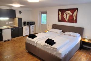 two beds in a room with a kitchen and a kitchen at idylischer Bachplatz in Oerlinghausen