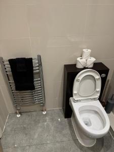 a bathroom with a toilet and a black towel at Spacious modern flat in Luton town centre in Luton