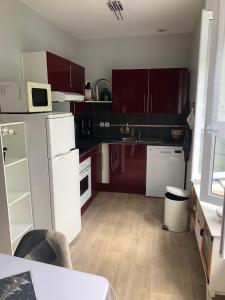 a kitchen with white appliances and red cabinets at VILLA LOZELOUX n 2 in Le Mont-Dore