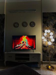 TV de pantalla plana en la parte superior de un centro de entretenimiento en The Haven, en Karachi