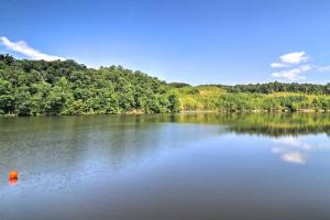 un lago con una palla rossa nell'acqua di Lakefront Getaway with Dock and Sunset Views a Jacksons Gap