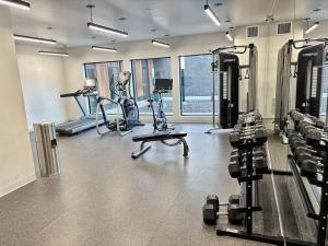 ein Fitnessstudio mit mehreren Ergometern und Laufbändern in der Unterkunft Aqua Loft in Des Moines