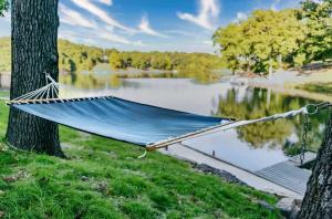 a hammock hanging from a tree next to a lake at Heron House-ON Lake Avalon - near MTB in Bella Vista